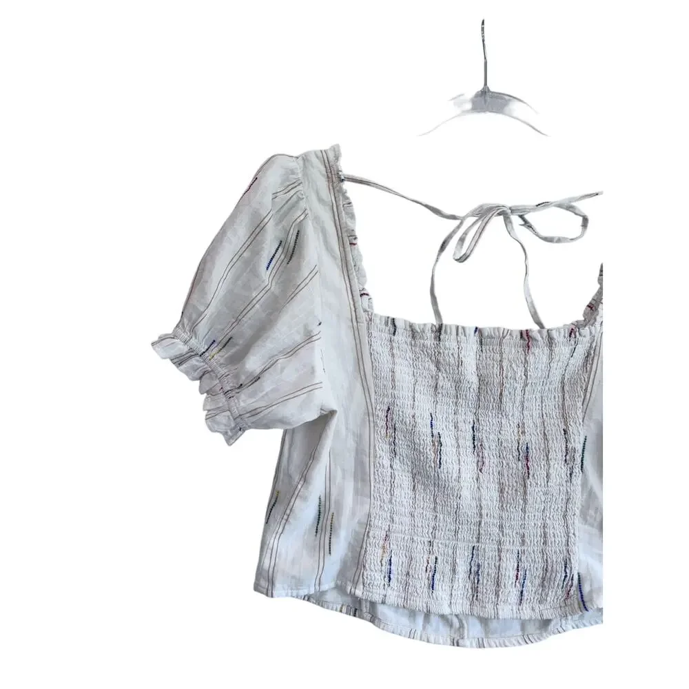 Free People White Puff Sleeve Square Neck Smocked Back Blouse XL Cottagecore Tie